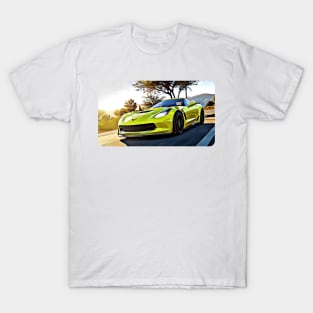 C7 Corvette Yellow Cartoon Drawing Action Print T-Shirt